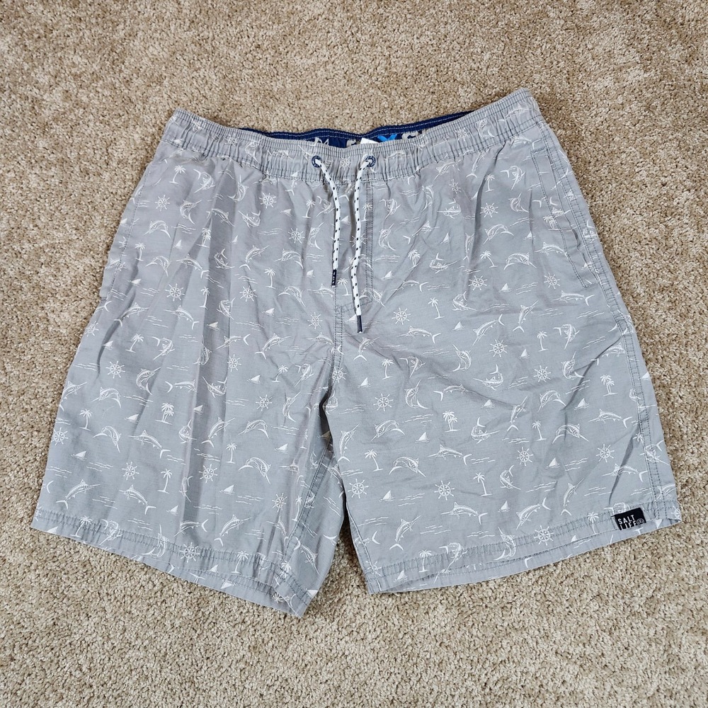 Salt Life Swim Trunks Gray Nautical Marlin Print Beach Board Shorts Large